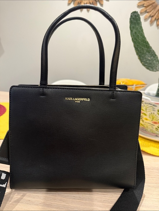 Karl Lagerfeld Handbags - Karl Lagerfeld Black Textured Leather Satchel with Gold Logo